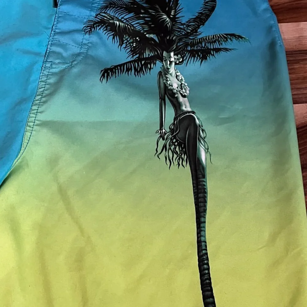 HULA GIRL Maui & Sons Palm Tree Blue Board Shorts - Limited Edition - RARE!